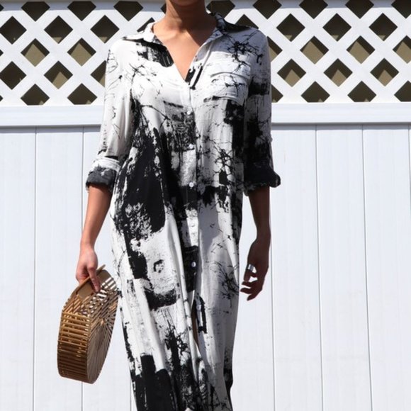 Shirt Dress, Black & White Button Down Dress, Modest Maxi, Summer Shirt Dress - Picture 9 of 11